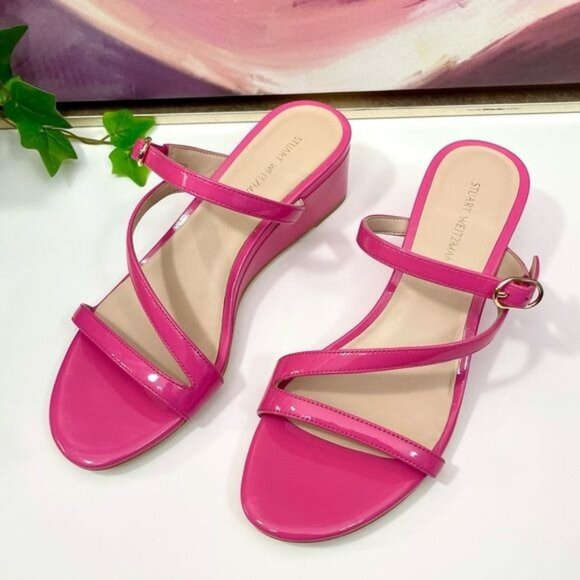 NWOB Stuart Weitzman Align Ii Buckle Patent Wedge Sandal in Pink Size 6 - Picture 6 of 11